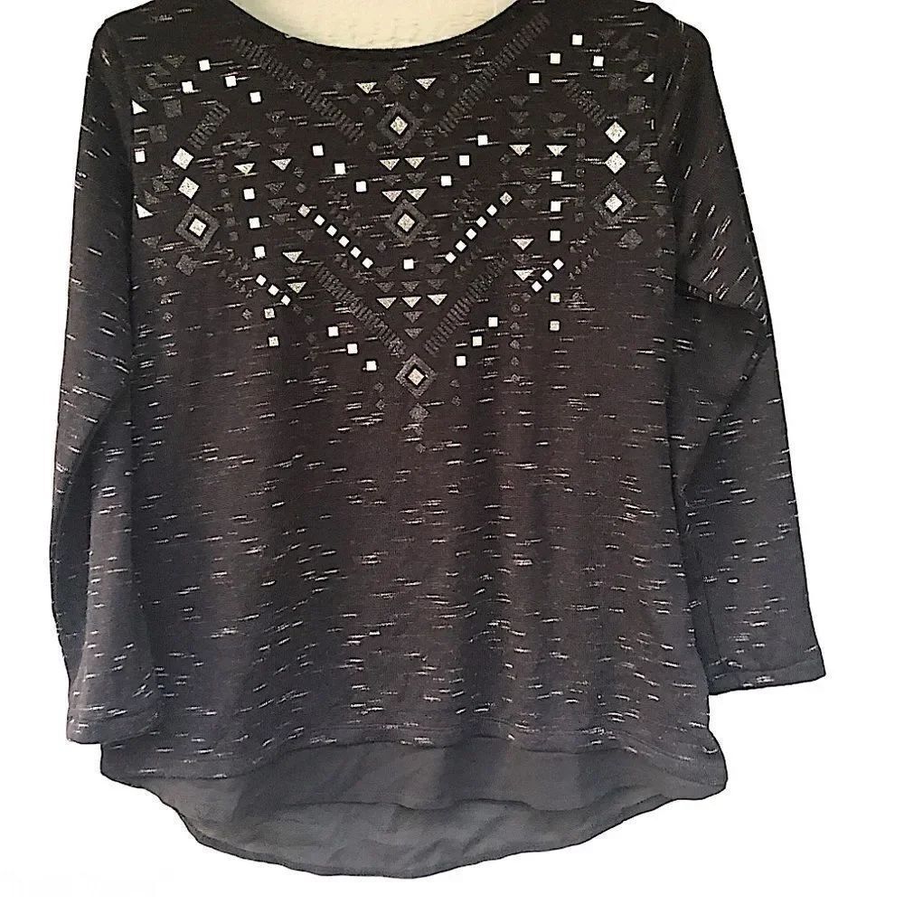 H&M gray black geometric silver design thin knit sweater top blouse girl/14